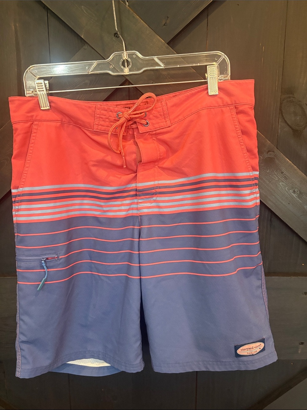 Vineyard Vines Coral and Blue Gradient Stripe Board Shorts 33